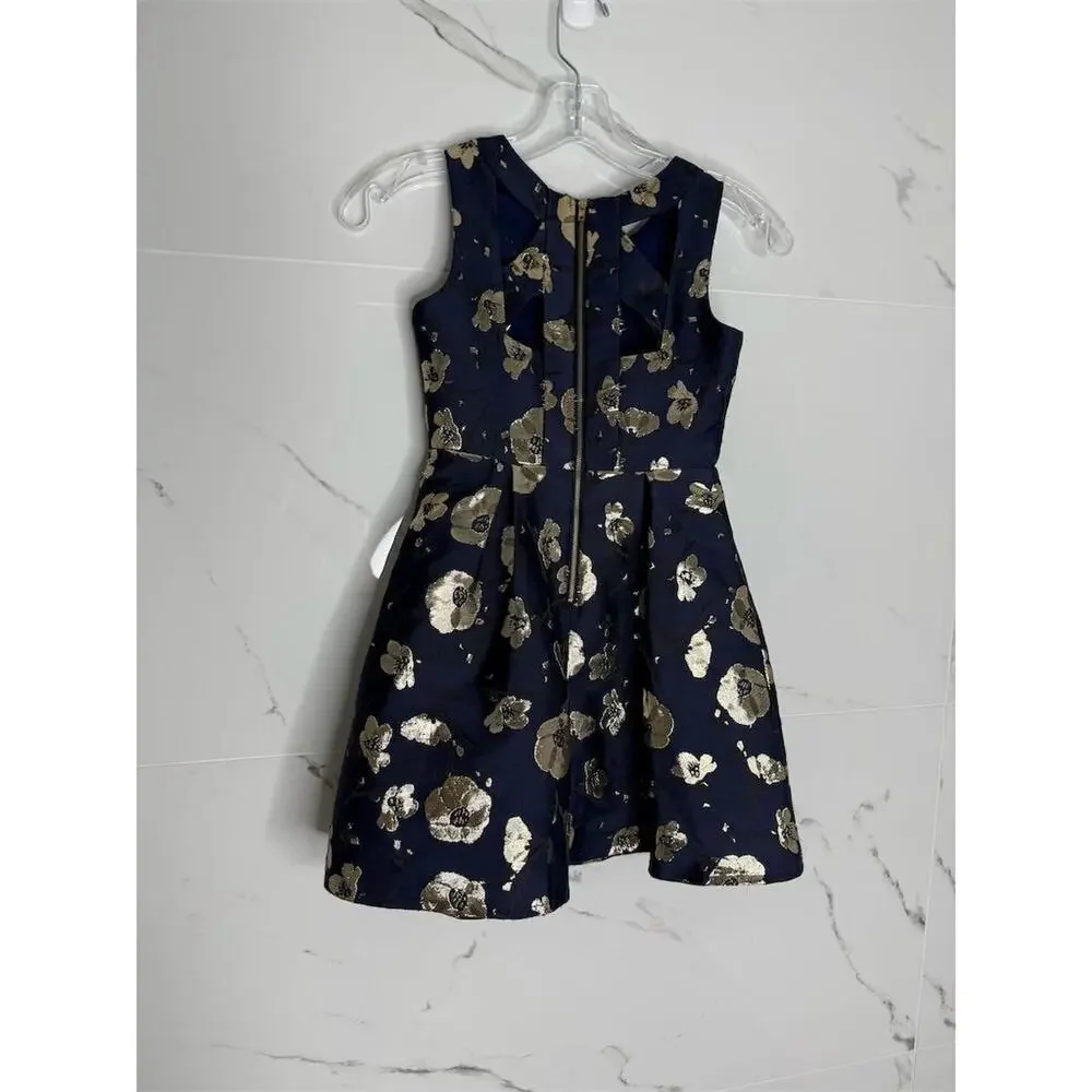 Trixxi Girl Floral Fit & Flare Dress Navy Gold Knee Length Size 7 party holidays